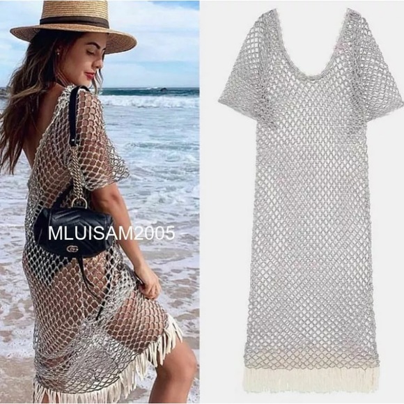 Zara Dresses & Skirts - Zara Metallic Crochet Scoop Neck Maxi Dress Sz. L